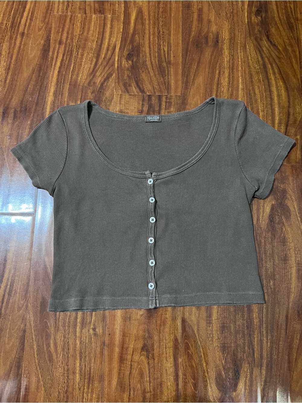 John Galt Brown Zelly Ribbed Short Sleeve Button Up Top OS